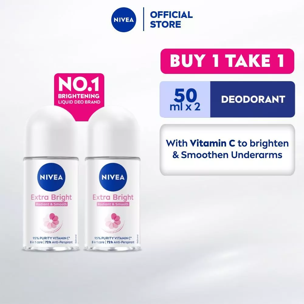 58% OFF BUY 1 TAKE 1 NIVEA Deodorant Extra Brightening Antiperspirant Roll-on for women, with Vitamin C,50ml