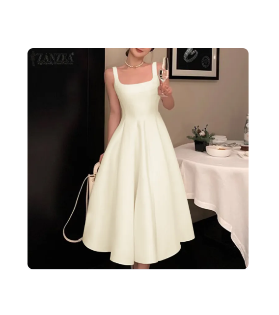 62% OFF ZANZEA Korean Style Women's Dresses Elegant Sleeveless Square Neck Elastic Waist Midi A-Line Slip Dress #10