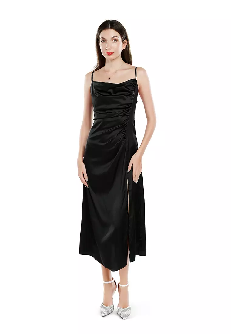 86% OFF London Rag Black Ruched Detail Slit Slip Dress