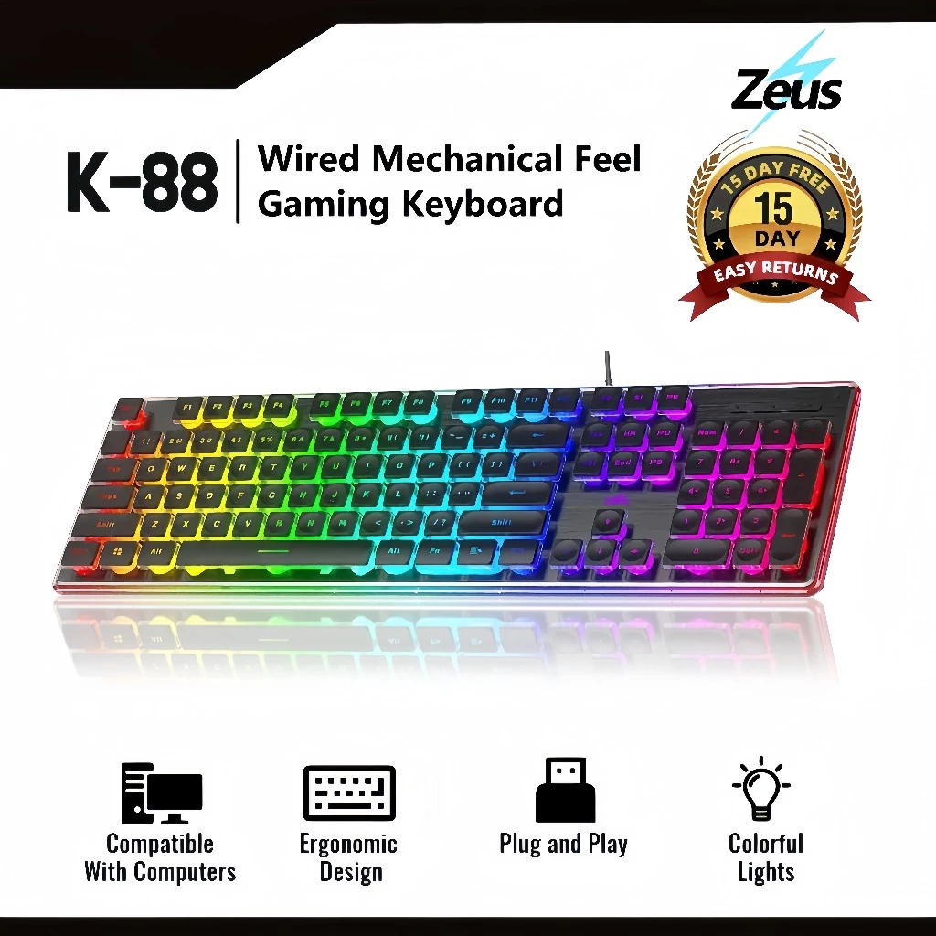 63% OFF Zeus K-88 Icy Blue Back Light Wired Gaming Keyboard 104 Keys Silent Typing Metal Panel Slim Surface