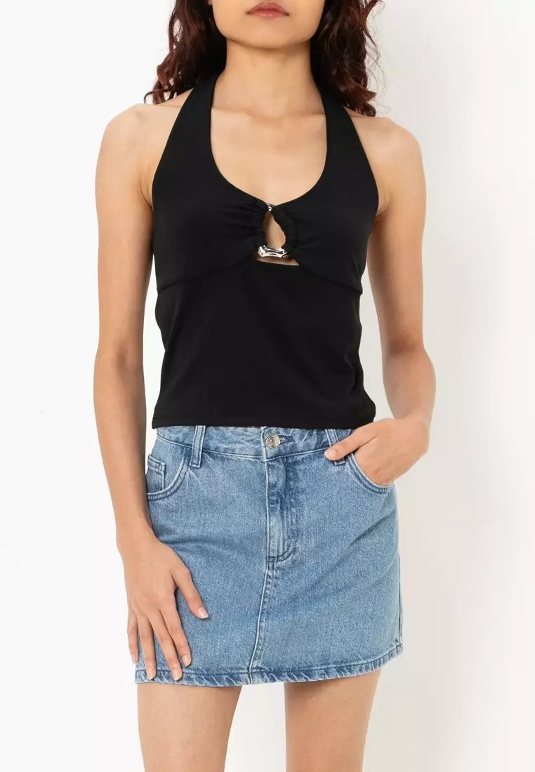 73% OFF Front Buckle Detail Halter Top