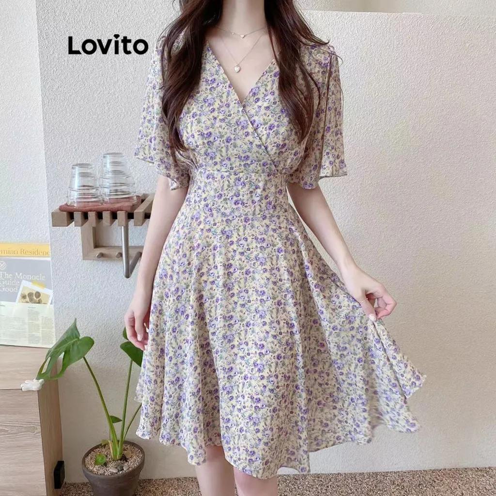 57% OFF Lovito Casual Ditsy Floral Zipper V-Neck Short Sleeves Dress for Women LNA06126 (Purple)