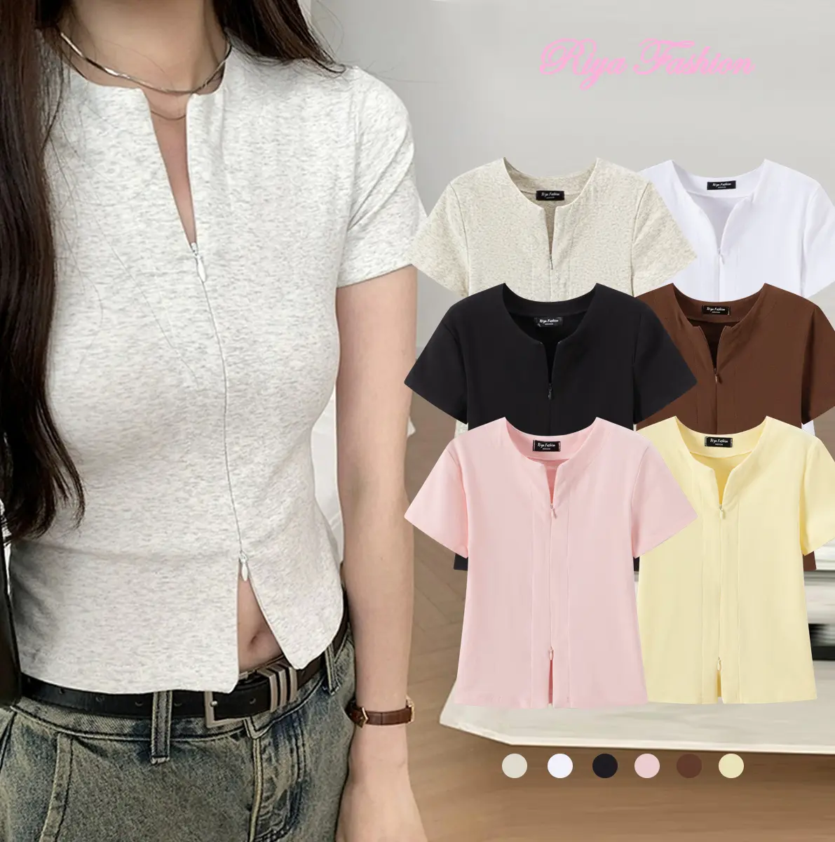 25% OFF Riya Fashion Hazel top unique double zipper pure cotton shirt simple basic korean top semi crop top korean style 5494