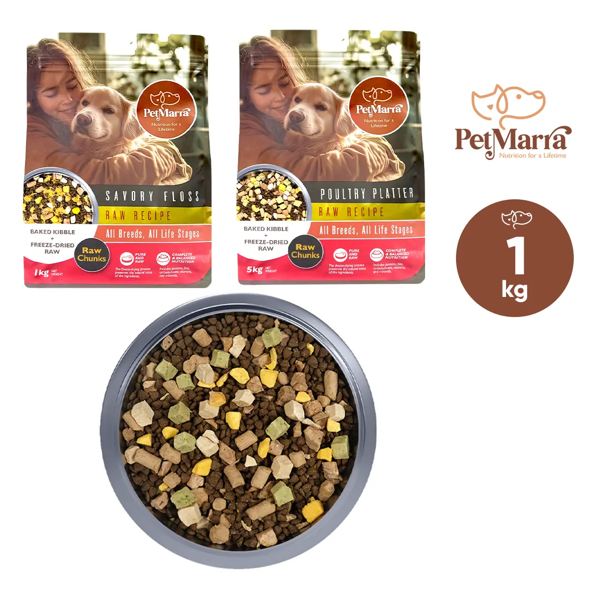 30% OFF PetMarra Raw Chunks Recipe Adult Dog and Puppy Dry Food Poultry Platter Savory Floss 1kg Collection pet foods all breeds