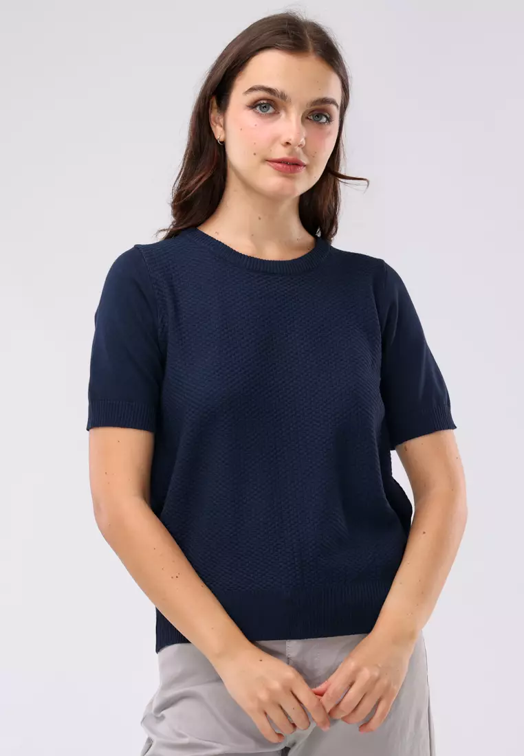 65% OFF Textured Knitted Short Sleeves Blouse