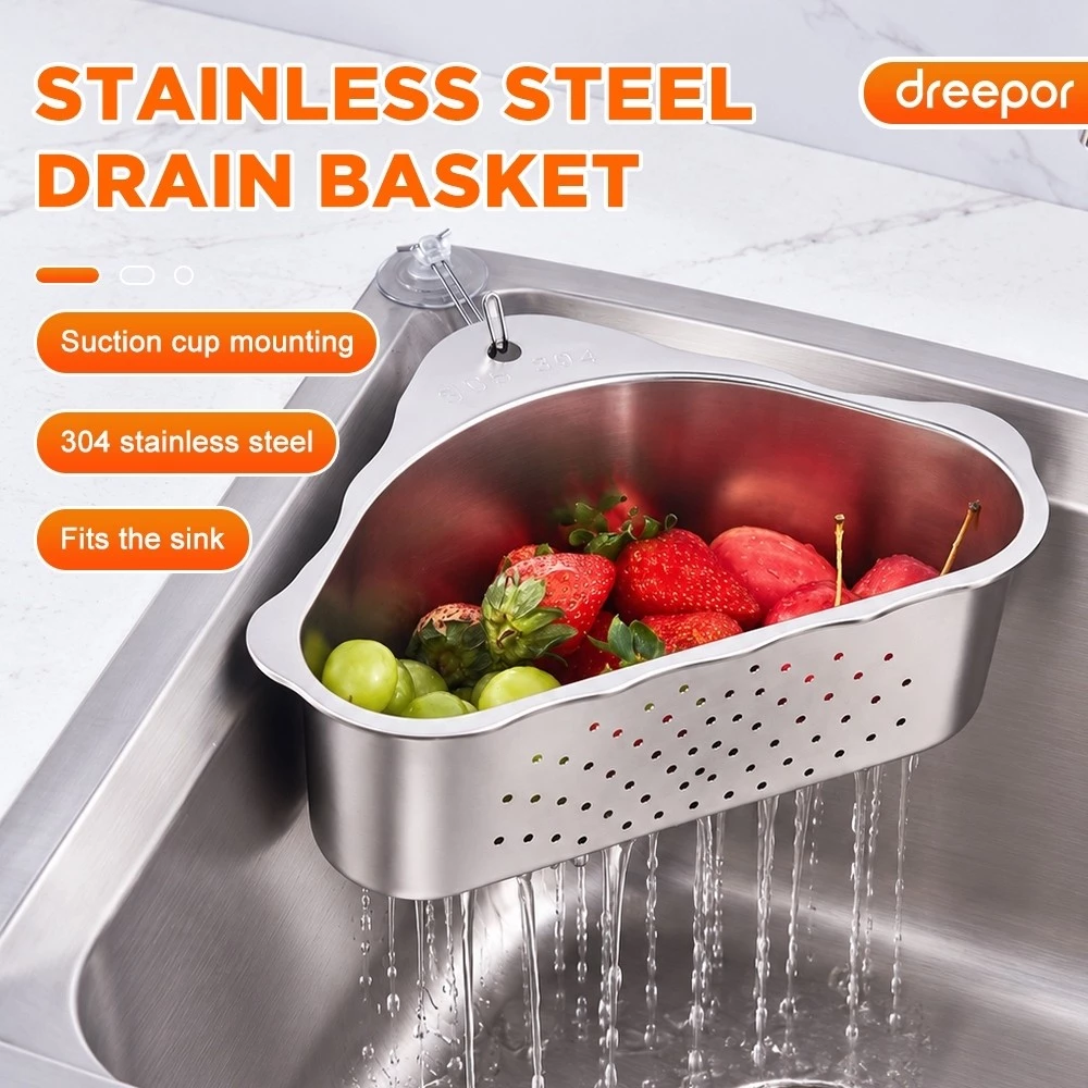 39% OFF Dreepor Triangle Kitchen Sink Basket Stainless Steel Corner Drain Strainer with Suction Cup Holder