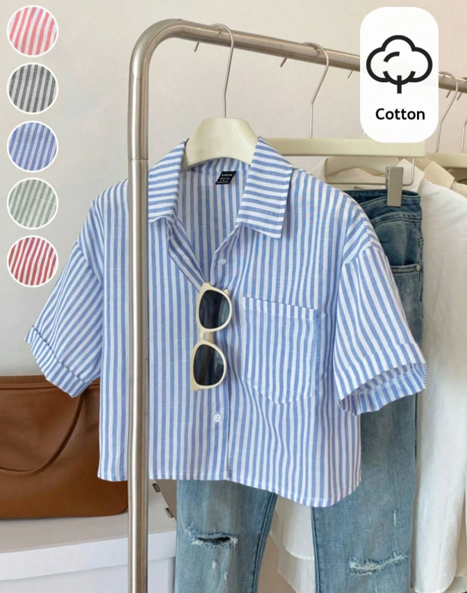 14% OFF Elamini Striped Cropped Relaxed Casual Women Oversized Cuffed Sleeve Blouse, Linen Texture Women Shirt
