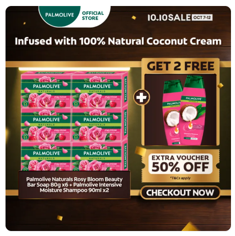 10% OFF [BUY 6, FREE 2] Palmolive Naturals Rosy Bloom Beauty Bar Soap 80g x 6 + Palmolive Intensive Moisture Shampoo 90ml x 2