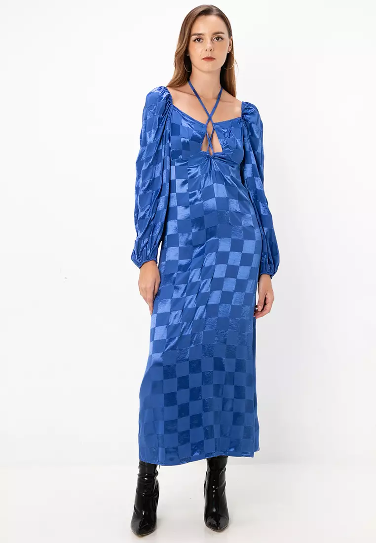 85% OFF Satin Checkerboard Jacquard Midi Dress With Tie Neck Detail