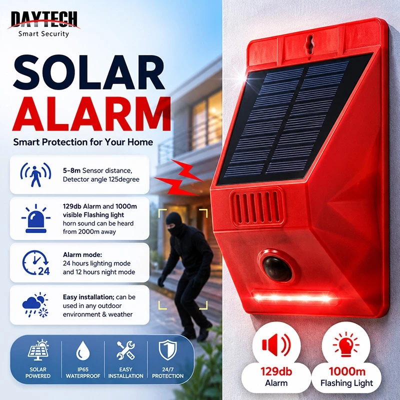 48% OFF DAYTECH Solar Powered Motion Sensor Alarm 129dB Outdoor Security Siren Waterproof Anti Theft Intruder Alarm with Flashing Strobe