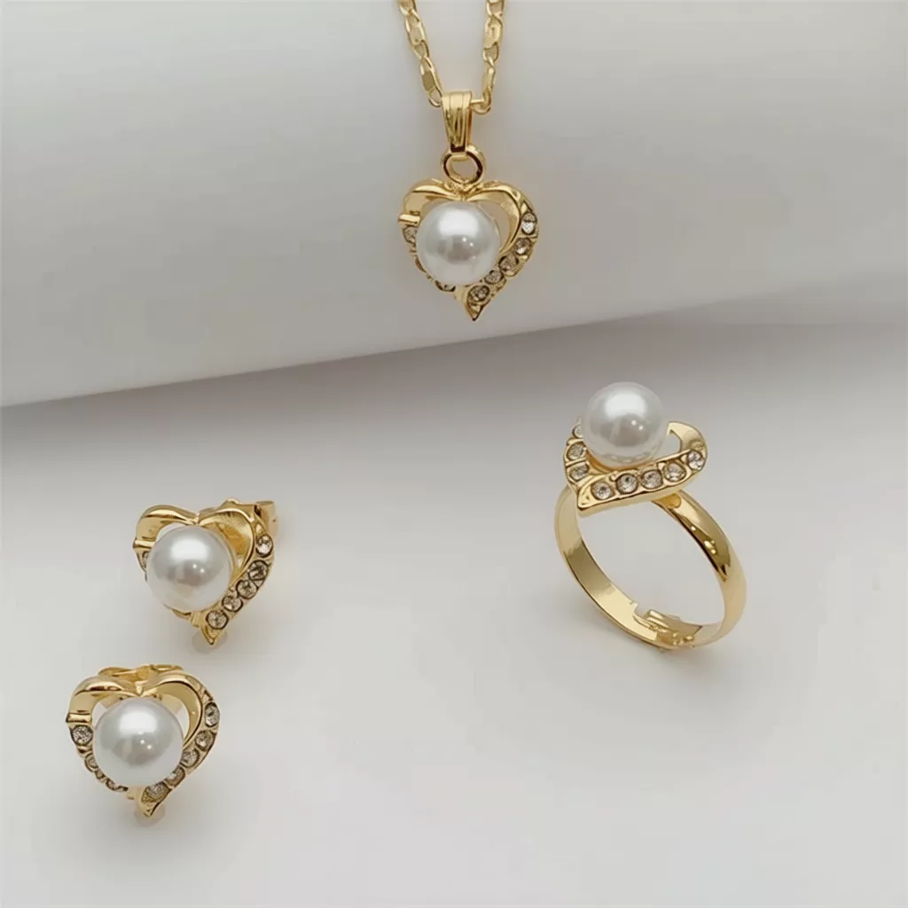 92% OFF Jewelry 18K Gold Plated Pearl Heart Necklace Earrings Ring For Women Jewelry Set Set-44