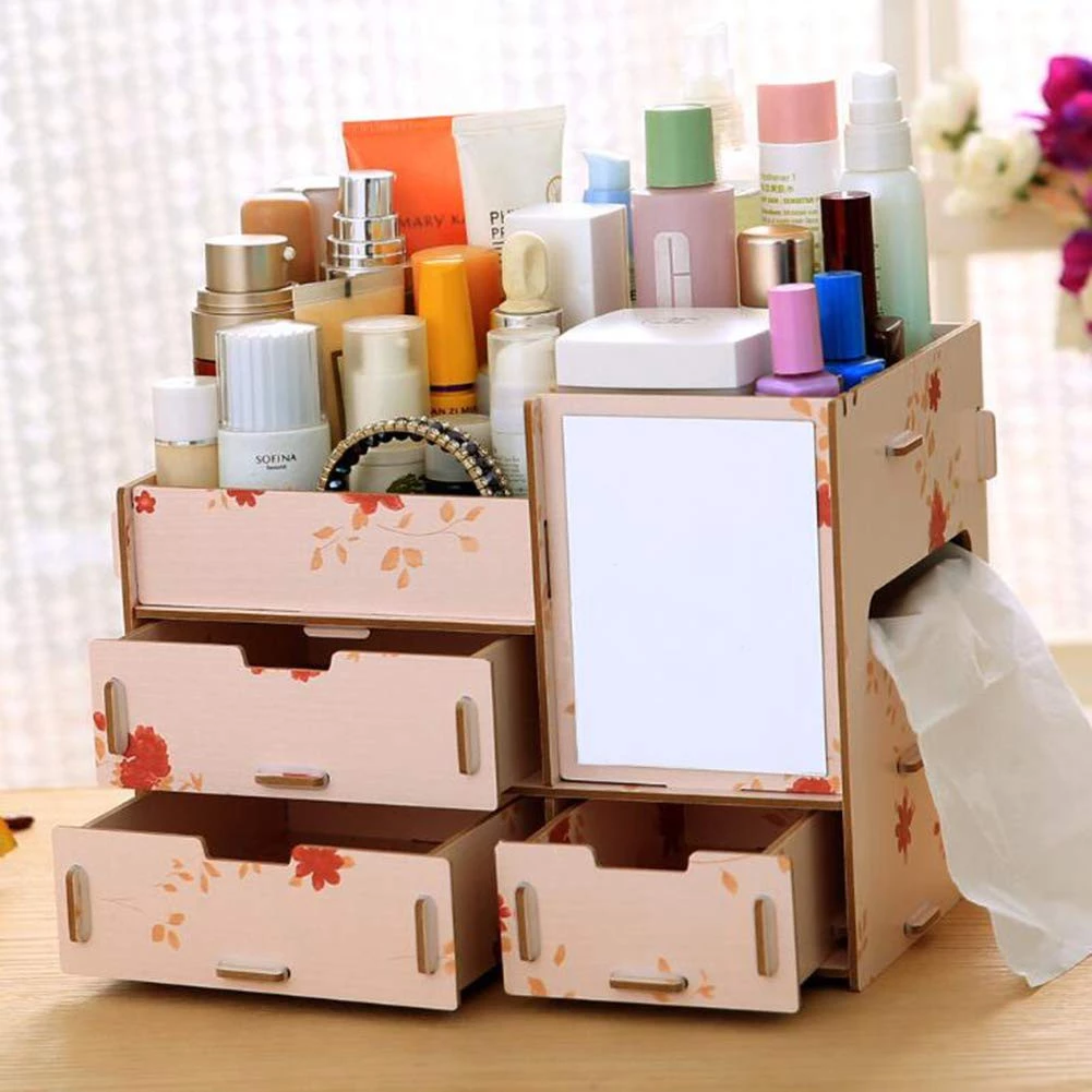 26% OFF Multifunctional Desktop Storage Box Wooden Makeup Organizer Case with Mirror Multi Drawers