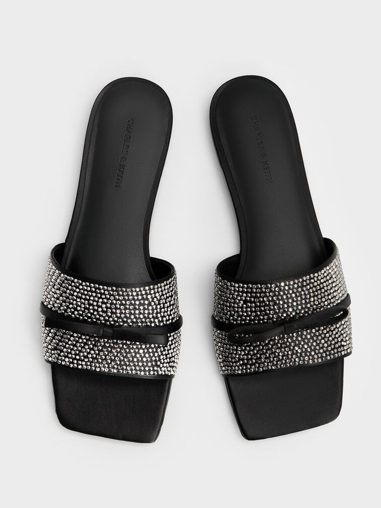 30% OFF Satin Crystal-Embellished Bow Slide Sandals - Black Textured