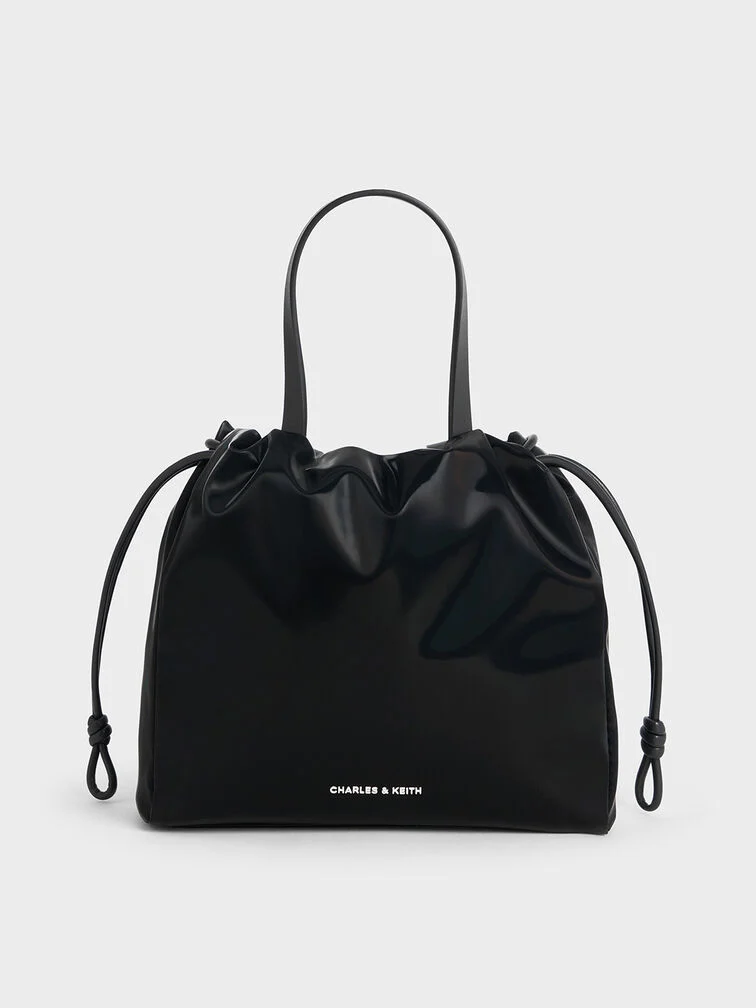 30% OFF Mini Bethel Shiny Ruched Drawstring Tote Bag - Jet Black