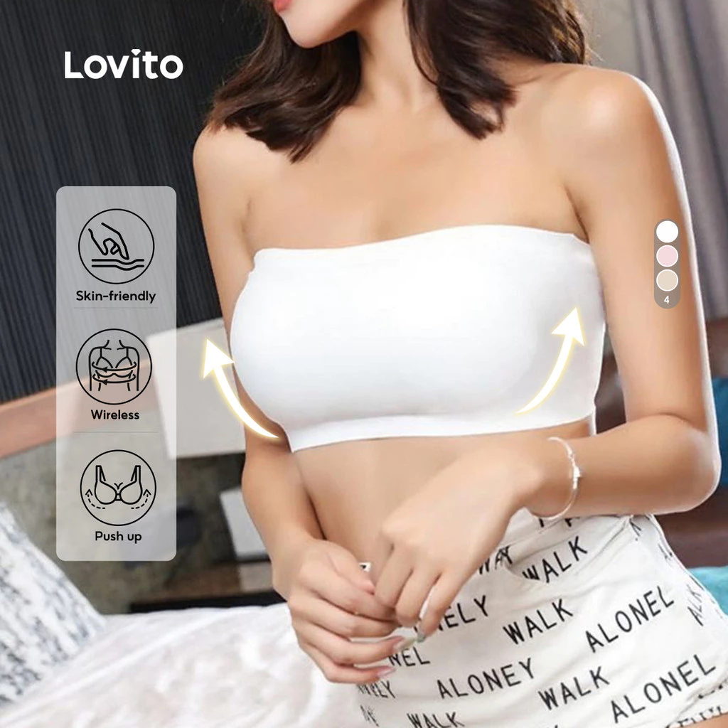 88% OFF Lovito Women Casual Bralette Korean Strapless Skinfriendly Wireless Push Up Simple Black Bralette LNE117008