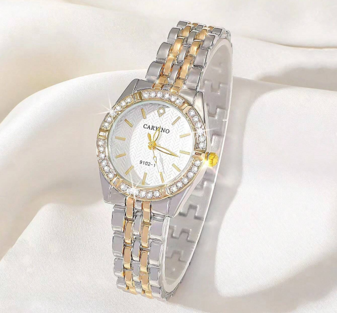 6% OFF CARYINO 1pc Women's Gold & Silver Dual-Tone Stainless Steel Band, Classic Business Rhinestone Inlaid Exquisite Quartz Watch. Suitable For Daily Wear