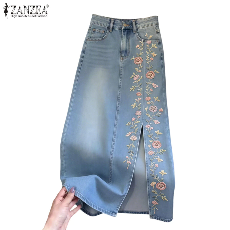 44% OFF ZANZEA Women Korean Vintage Romantic High-Waist Floral Print Slit Hem Straight Denim Overskirts