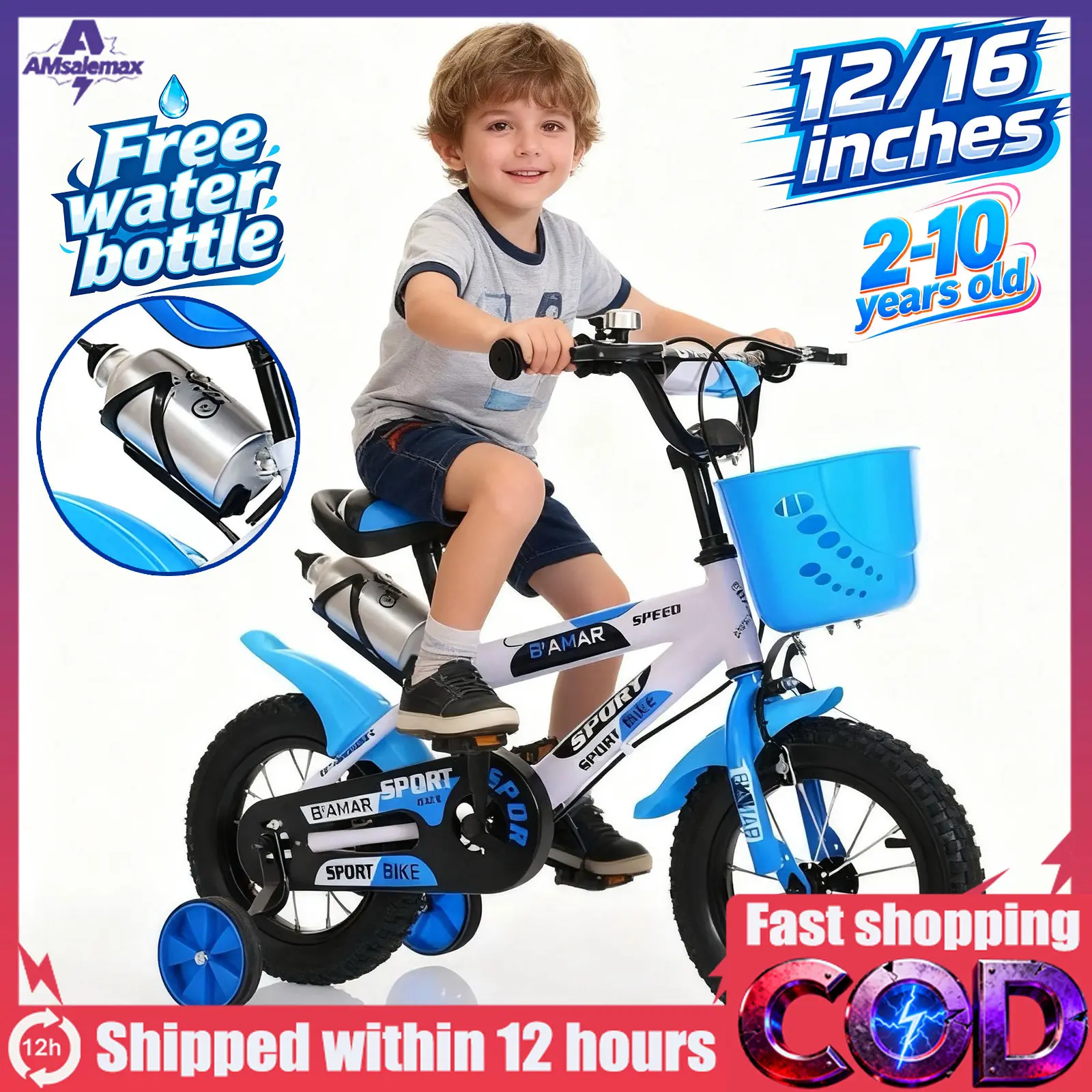 50% OFF kids bike 12/16 Inch with Balance Training Wheels for Ages 2-10 Boys Girls Free Water Bottle Included Safe Learning Cycling Bike kids Perfect gifts