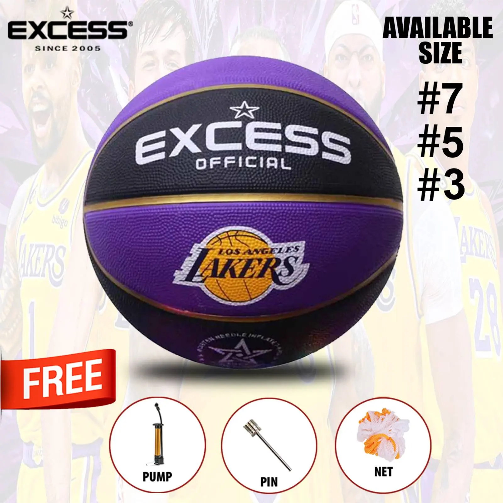 48% OFF BUY1GET2 FREE ITEMS LAKER VIOLET SIZE 3, SIZE 5, SIZE 7 Rubber Basketball indoor/outdoor with pin, net and pump