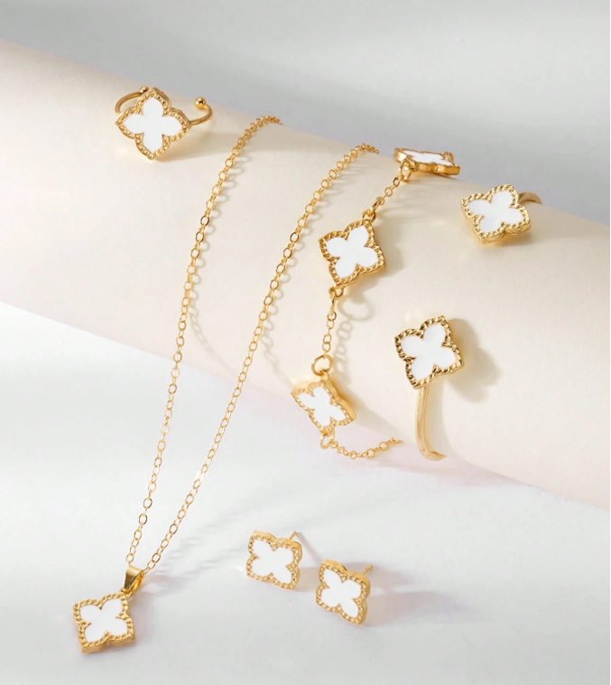 13% OFF 6pcs Four-Leaf Clover Fashion Versatile Lucky Clover Jewelry Set Including Earrings, Necklace, Bracelet, Bangle, Ring, Suitable For Women As Valentine's Day, Mother's Day Gift