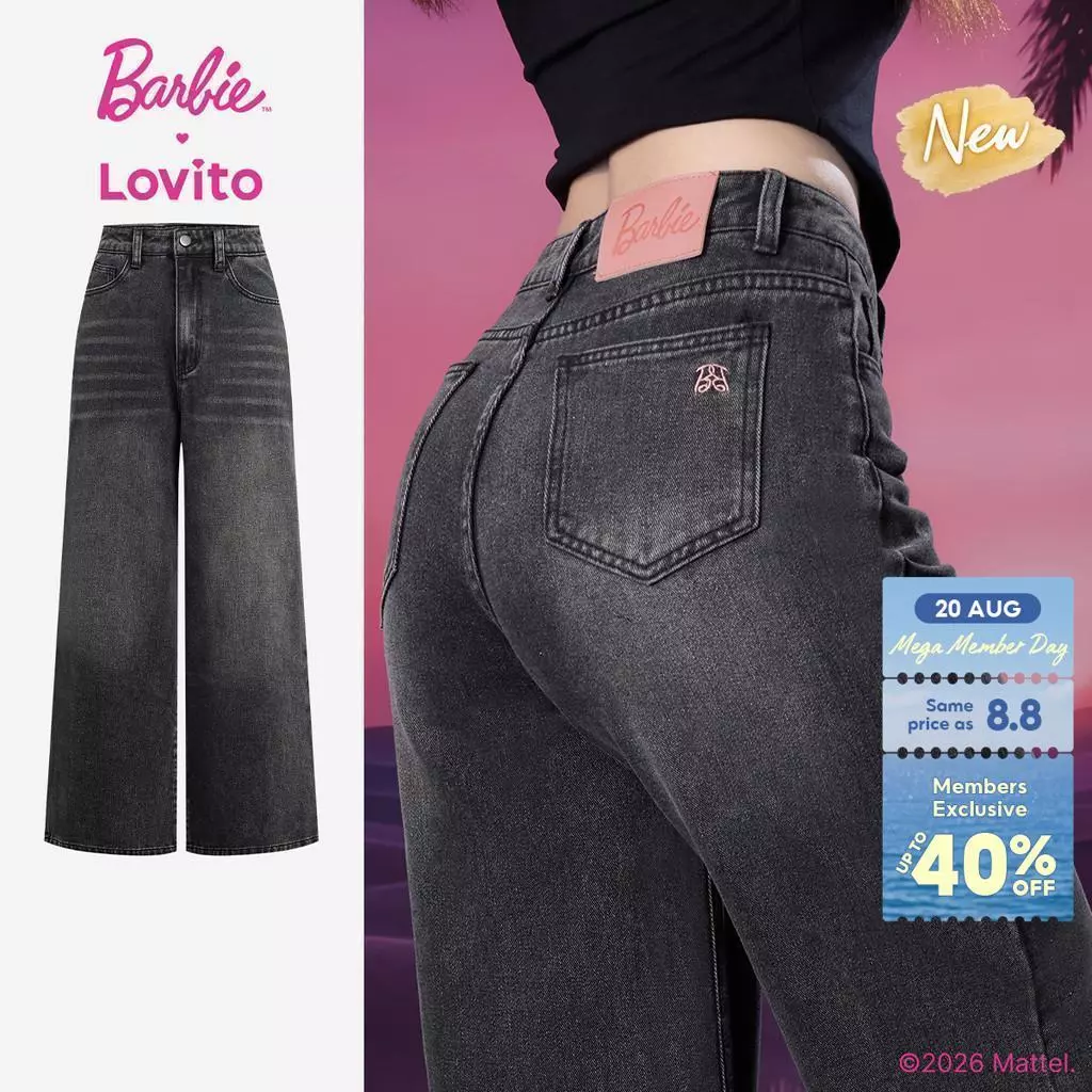 44% OFF (New Arrival) Barbie™ X Lovito Women Casual Mid Waist Straight Leg Embroidery Button Pocket Spring/summer Black Jeans LBL5AD054