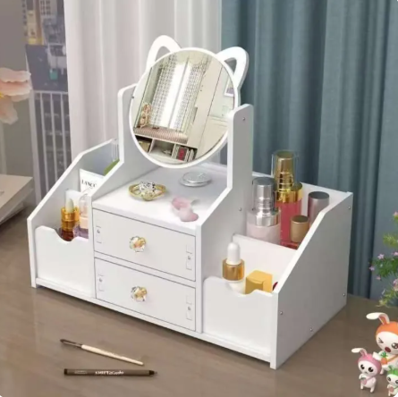 72% OFF Cute Cat Ear Makeup with Jewelry Compartment Drawer Cosmetic Organizer Tables