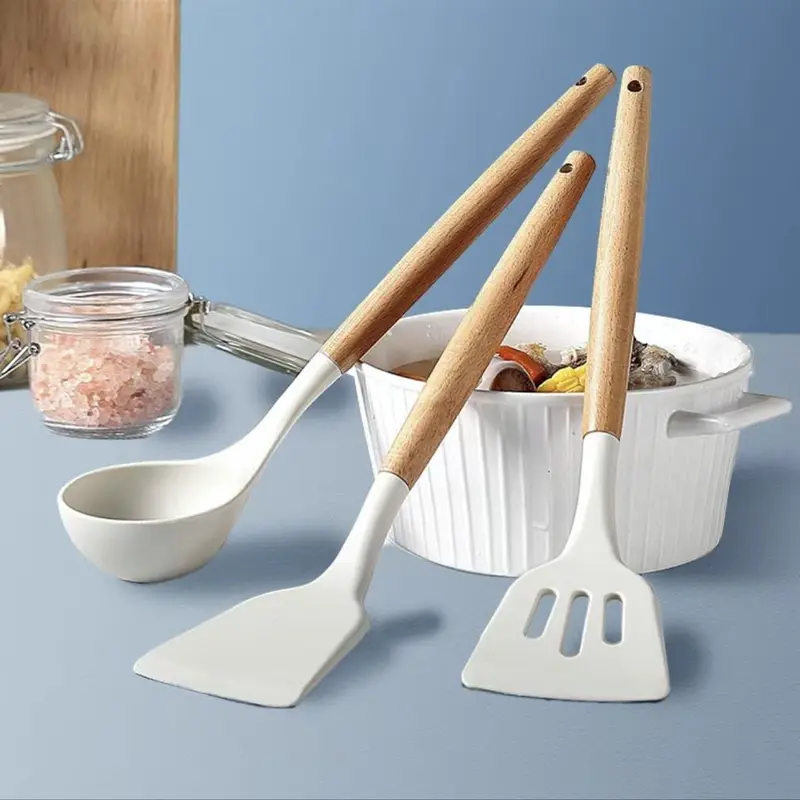 83% OFF 3PCS White Silicone Kitchenware Cooking Utensils Set Wooden Handle Non-Stick Spatula Spoon Colander