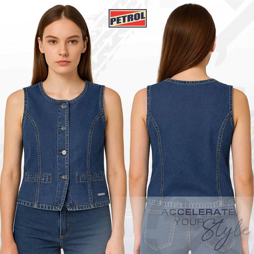 50% OFF Petrol Ladies Basic Denim Sleeveless Jacket Regular Fitting 190164 (Medium Wash)