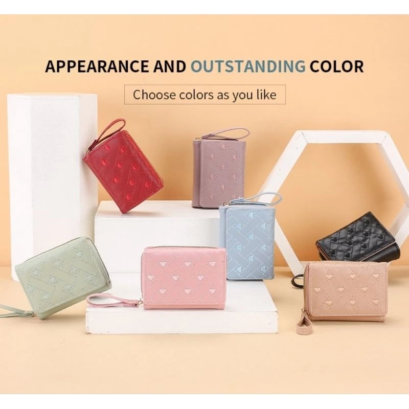 62% OFF YQY Women heart embroider wallet PU leather coin purse short wallet for woman #56154 zipper only