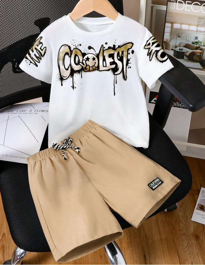 26% OFF Tween Boys Letter Print Short Sleeve T-Shirt And Shorts Set