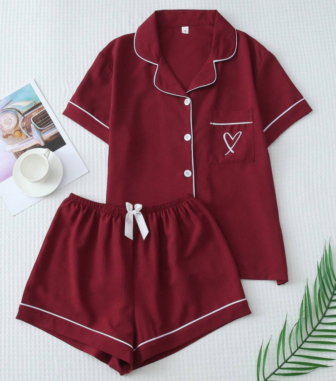 15% OFF [Elegant Fields]2pcs Women's Solid Color Summer Contrast Trim Polo Collar Pocket Embroidery Heart Short Sleeve Top And Bowknot Shorts Pajama Set, Suitable For Home Wear, Christmas