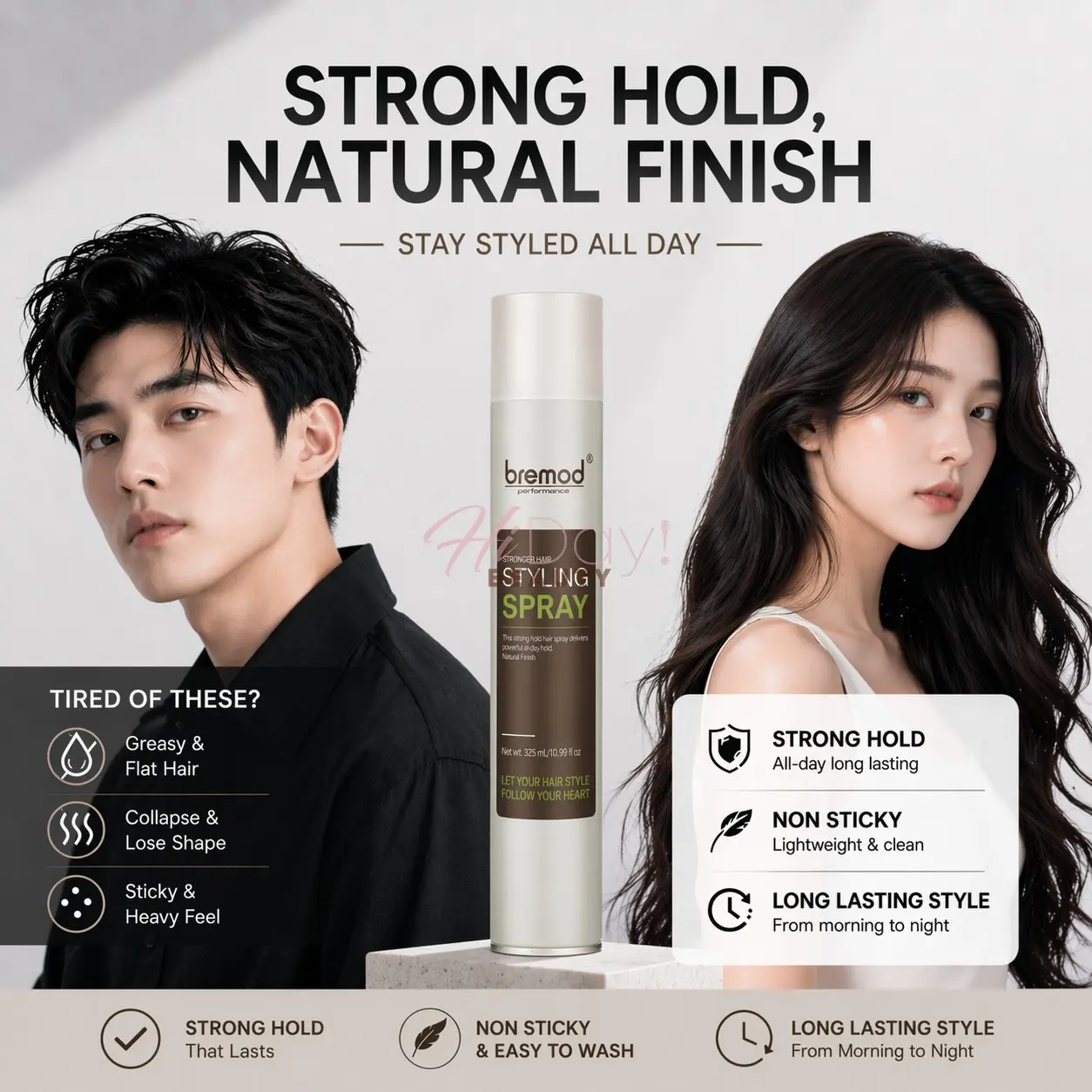 61% OFF ALL DAY HOLD Non Sticky Bremod Hair Spraynet 325ml Strong Hold Salon or Daily Use Styling Dressing Long Lasting with Natural Volume Spraynet BR-Z002