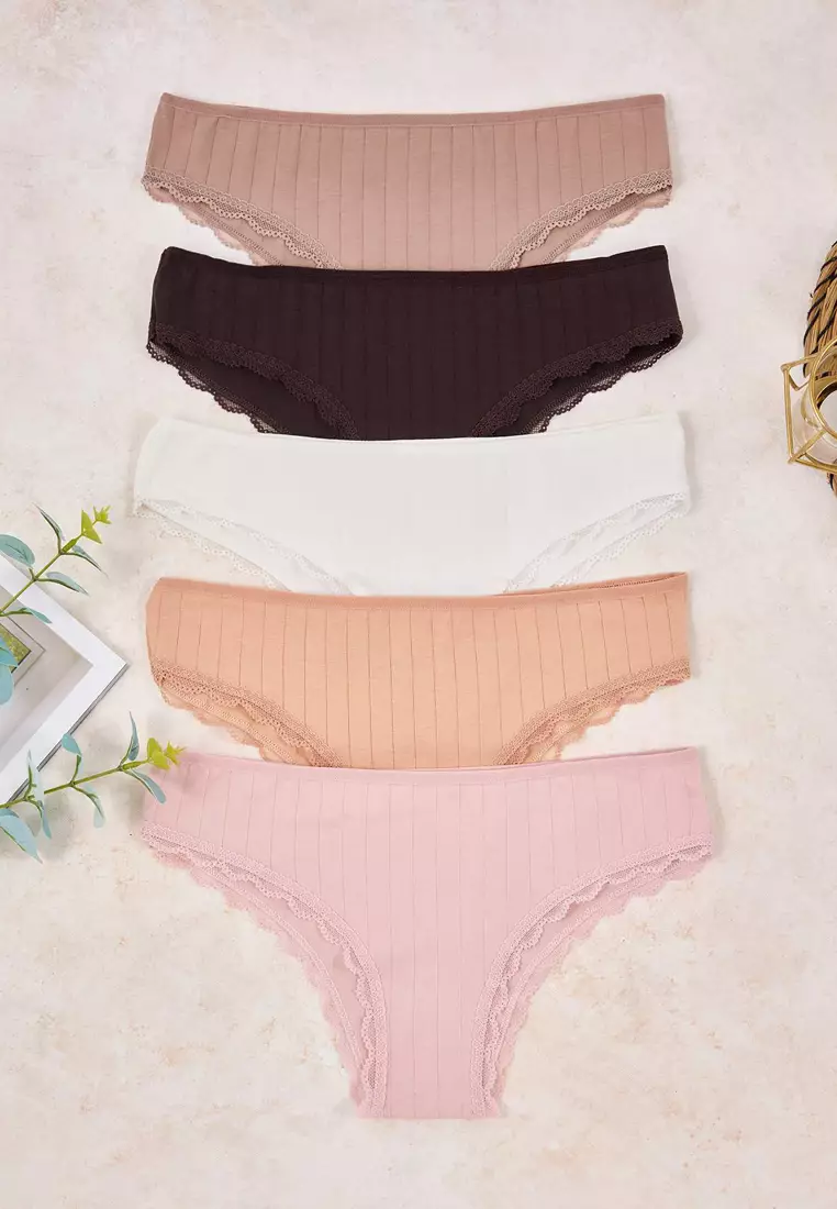 25% OFF Trendyol Brown-Multicolor Cotton 5-Pack Lace Trim Striped Brazilian Knitted Panties Thmss26Ku5