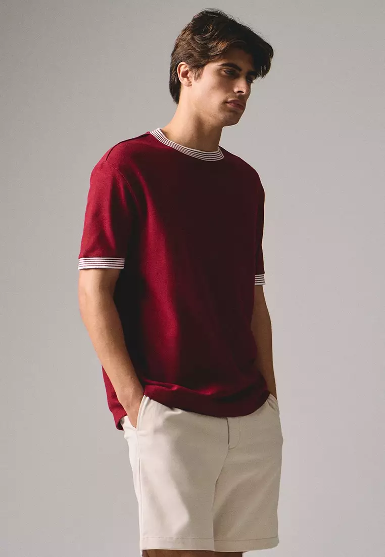 62% OFF Regular Fit T-Shirt With Multiple Contrast Tipping Detail In Textured Knit