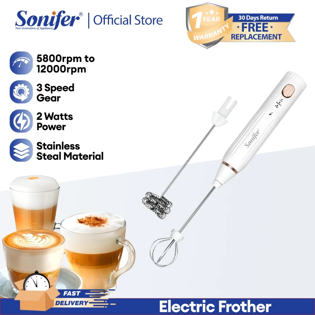 55% OFF Sonifer 3-Speed Milk Frother Handheld for Coffee with 2 Whisks USB Rechargeable Portable Mixer