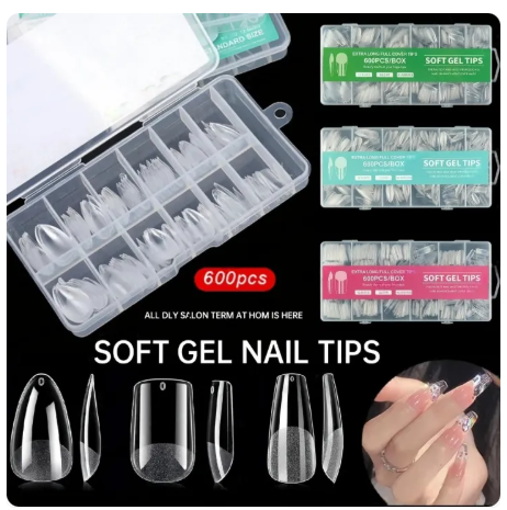52% OFF 600 Pcs/Set Nail Tips Kit Nail Extensions Full Cover Clear Gelly Tips Soft Gel False Nails Press on Soak