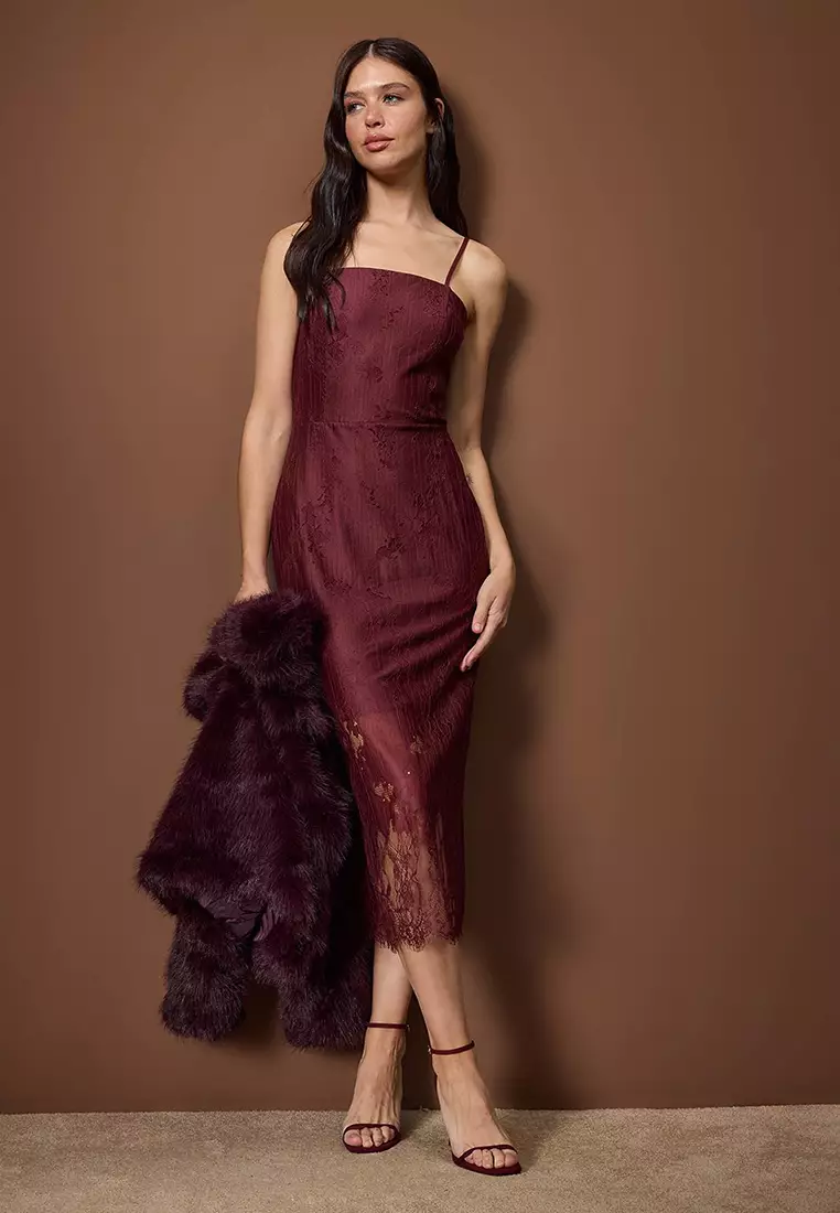 47% OFF Plum Bodycon Lace Midi Lined Cocktail Dress Tpraw26El98