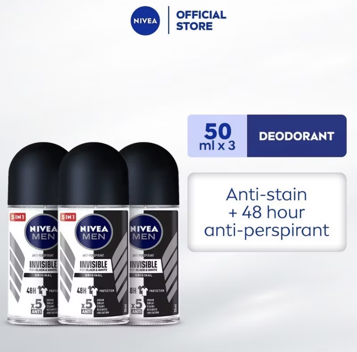 43% OFF ￼PACK OF 3 NIVEA Men Deodorant Black & White Original Antiperspirant Roll-on, 50ml