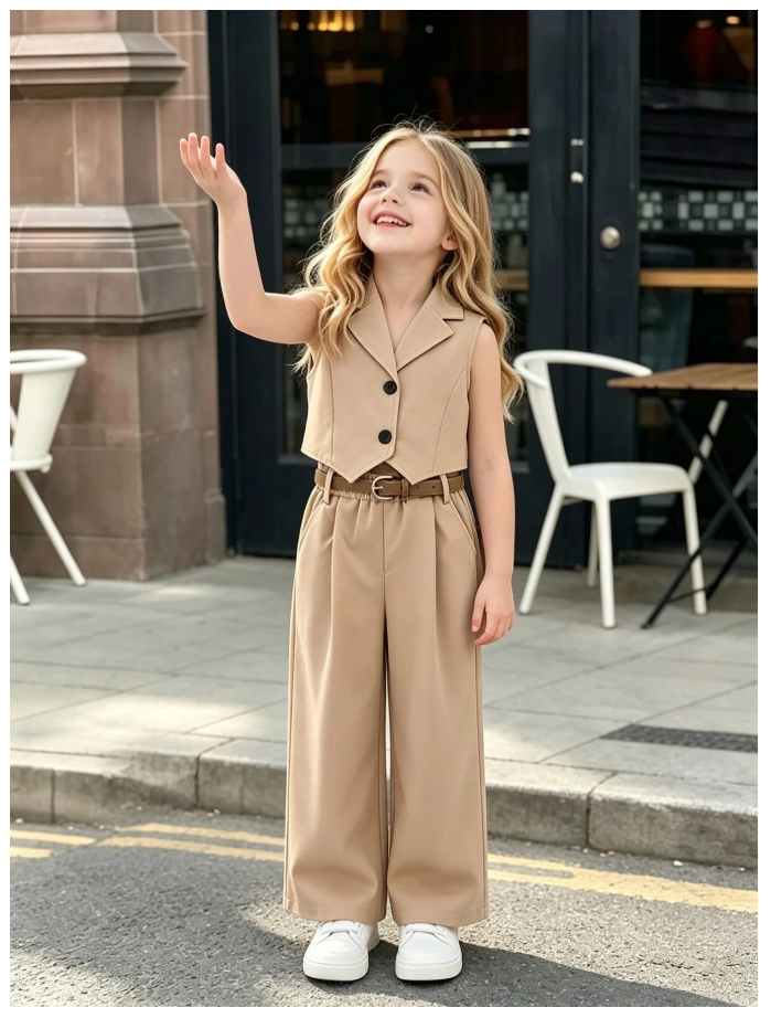 11% OFF Elladie kids Summer Young Girls Khaki Casual 2 Pieces Co-Ord Set, Bow Front Sleeveless Top Wide Leg Long Pants, V-Neck Button Front Outfit Back To School
