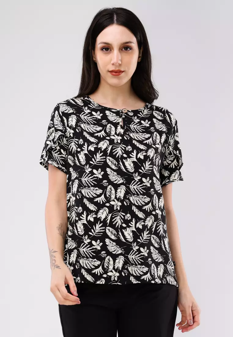 78% OFF Freego Ladies Woven Printed Single Twill Short Sleeve Blouse