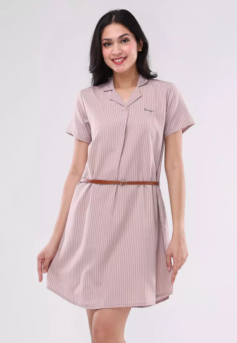 72% OFF Freego Ladies Woven Stripes Oxford Short Sleeve Dress