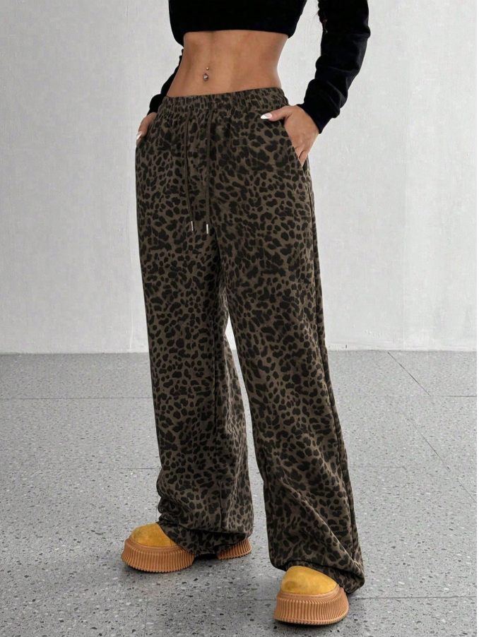 42% OFF Spring Leopard Print Casual Loose Drawstring Waist Women's Wide Leg Pants, Spring, Autumn, Summer And Winter Can Be Worn As Daily Wear Women's Pants, Women's Straight Pants, Women's Casual Pants, Women's Pants Vacation