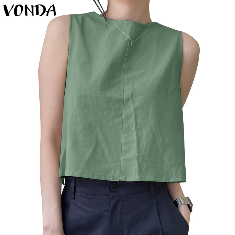 52% OFF VONDA Women Korean Sleeveless Side Buttons Round Neck Solid Color Tanks