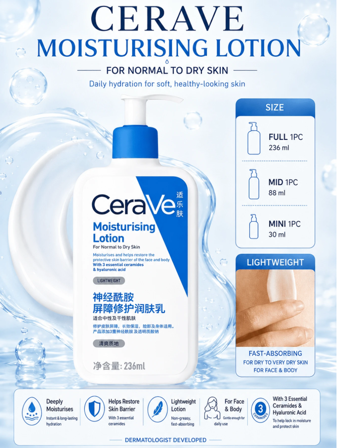 15% OFF CeraVe Moisturizing Lotion 30/88/236ml, Nourishes And Repairs The Protective Barrier Of Face And Body Skin. Long-Lasting Hydration, Suitable For All Skin Types, Especially Dry Skin