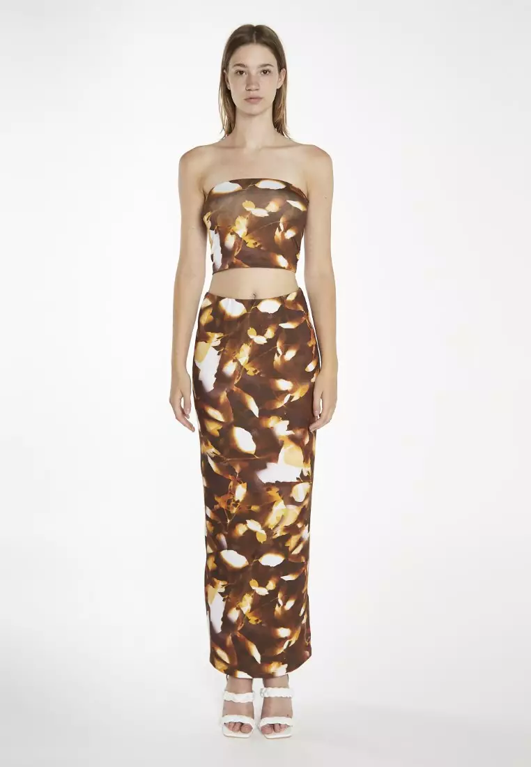50% OFF Glamorous Brown Digital Leaf Bodycon Maxi Skirt