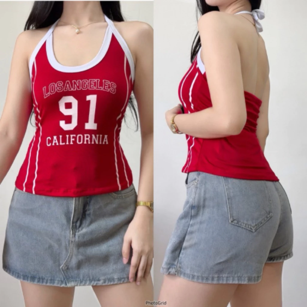 66%  OFF Halter LA 91 CALIFORNIA Crop Top Backless Cotton Casual womenswear