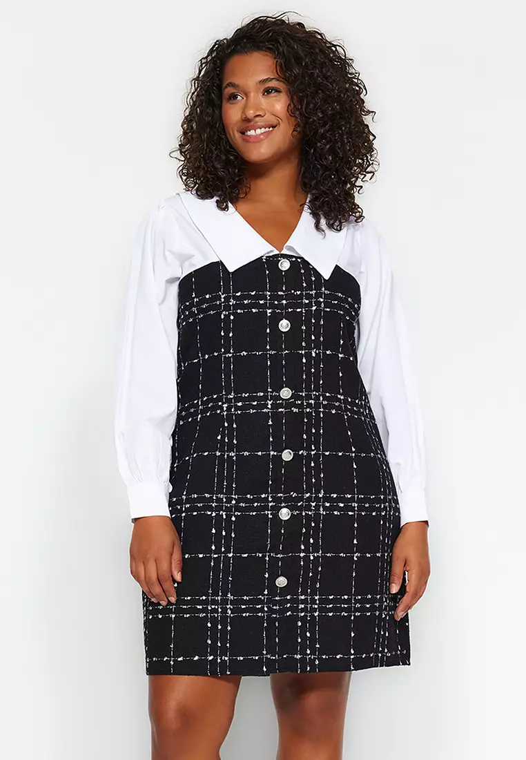 82% OFF Trendyol Plus Size Checked Tweed Dress
