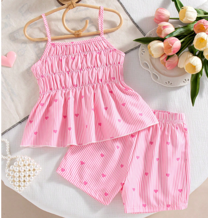 7% OFF 2pcs Girls Casual Striped Heart Print Decor Camisole Top And Elastic Waist Shorts Set, Spring/Summer, Birthday Gift