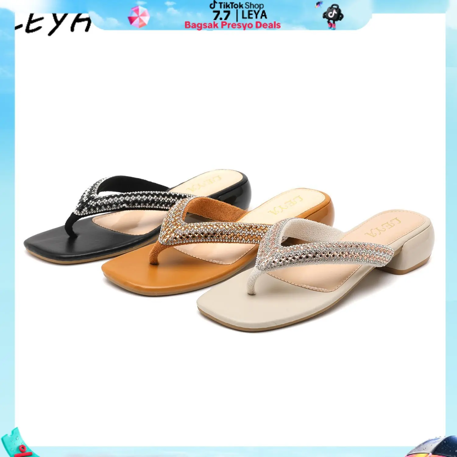22% OFF Leya Flip-flops female summer outside wear new fashion all diamonds flat non-slip beach flip-flops Mid Heel (3-5 cm) Toe Thong Footwear Girl  Medium Slippers Walking Shoes Women