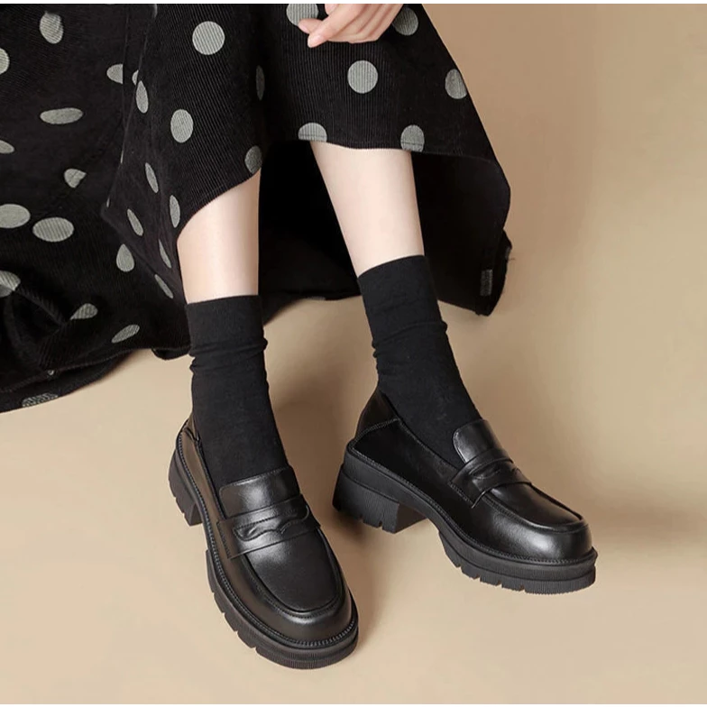 61% OFF Women's Black Leather Oxford Shoes with Thick Heel and Loafer Design#938